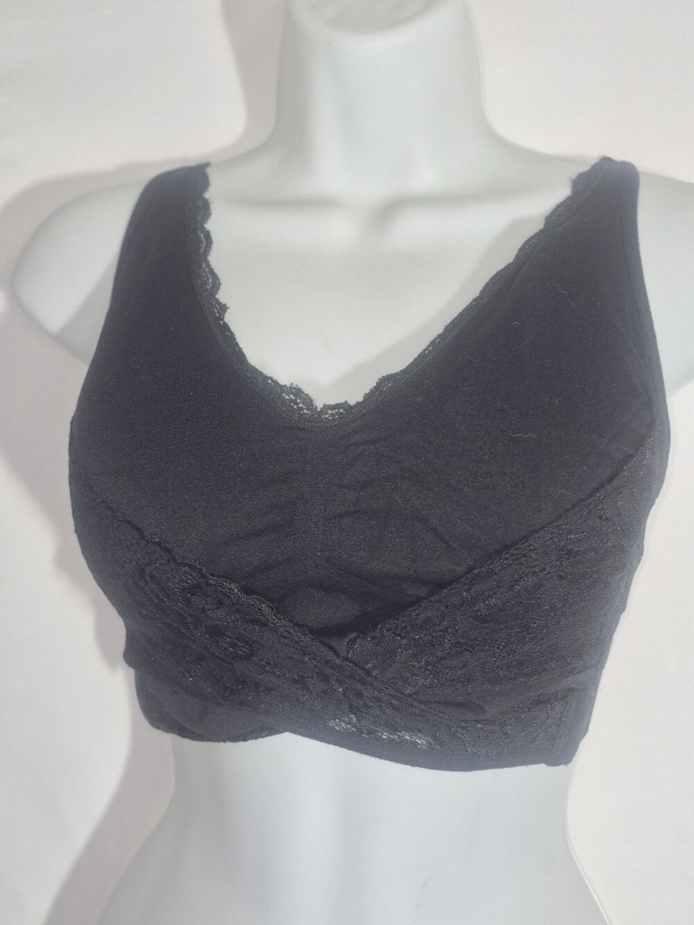 Cara Mia Bralette, Black with lace across bust, adjustable straps, Large